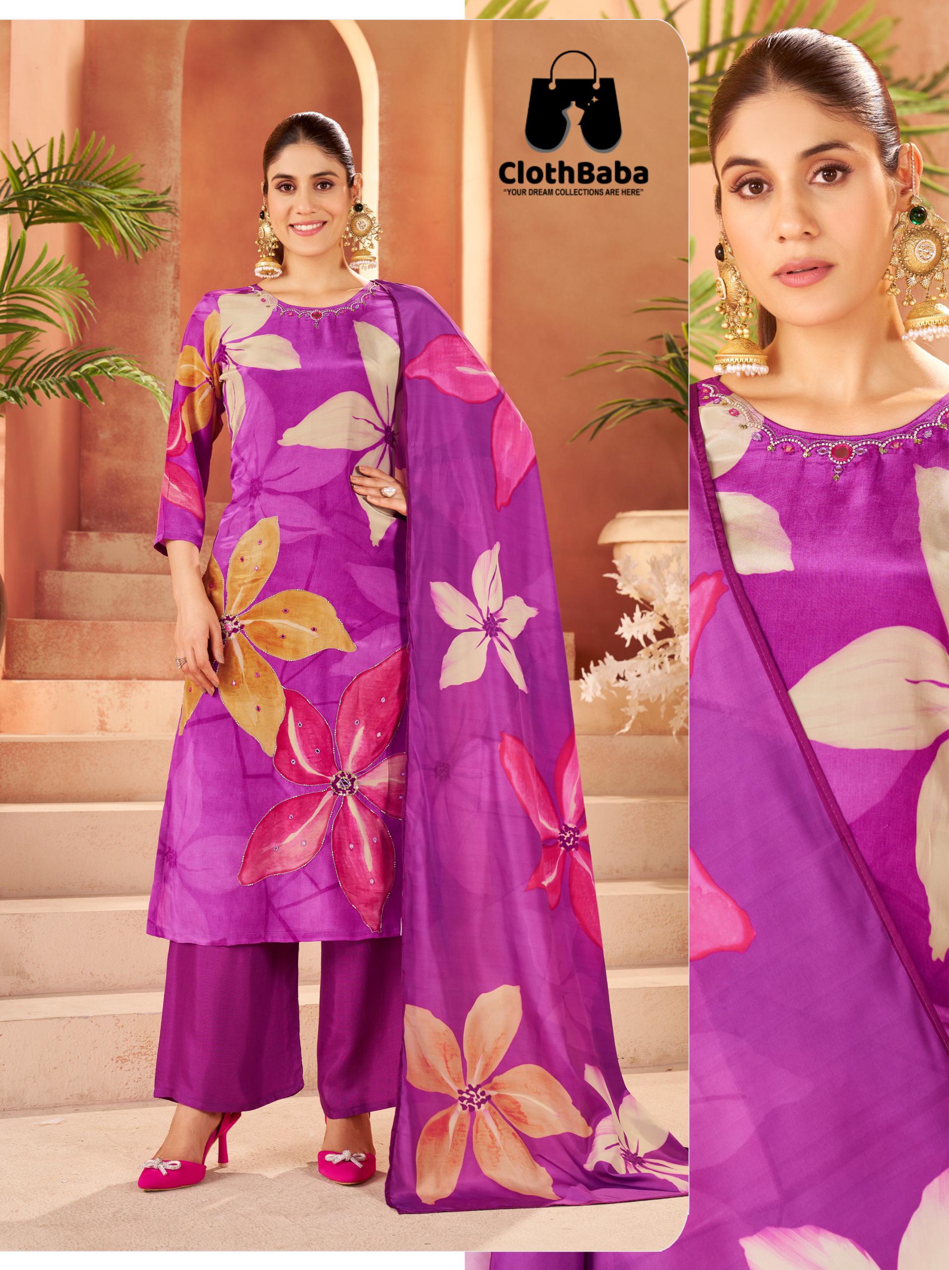 Clothbaba Pink Floral Natural Crepe Readymade Suit Set