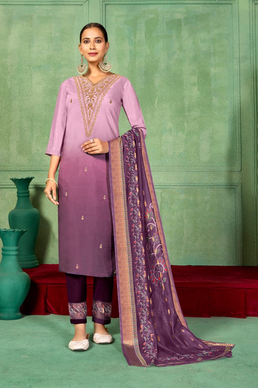 Roman Silk Ombre Embroidered Readymade Suit with Organza Dupatta