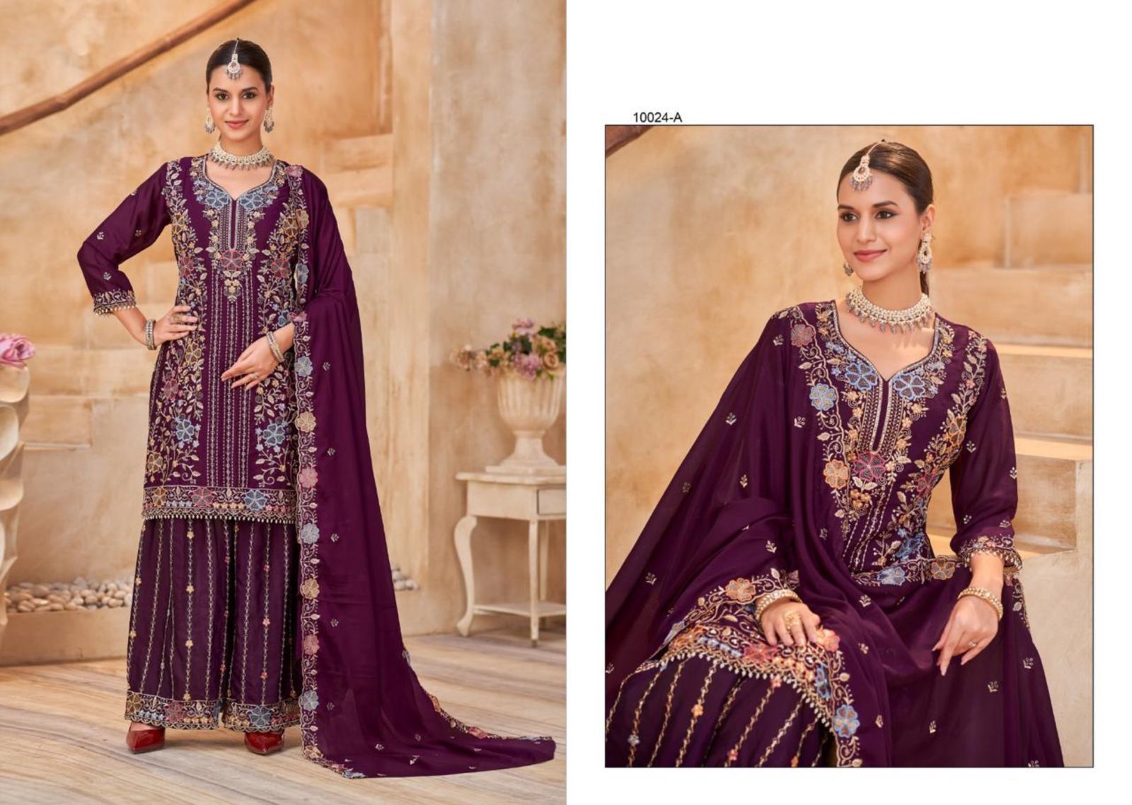 Elegant Chinon Heavy Embroidered Readymade Suit Set with Crepe Inner & Lace Work Dupatta