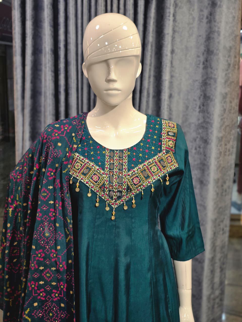 Fancy Roman Silk Embroidered Suit with Handwork & Lagadi Patti Dupatta