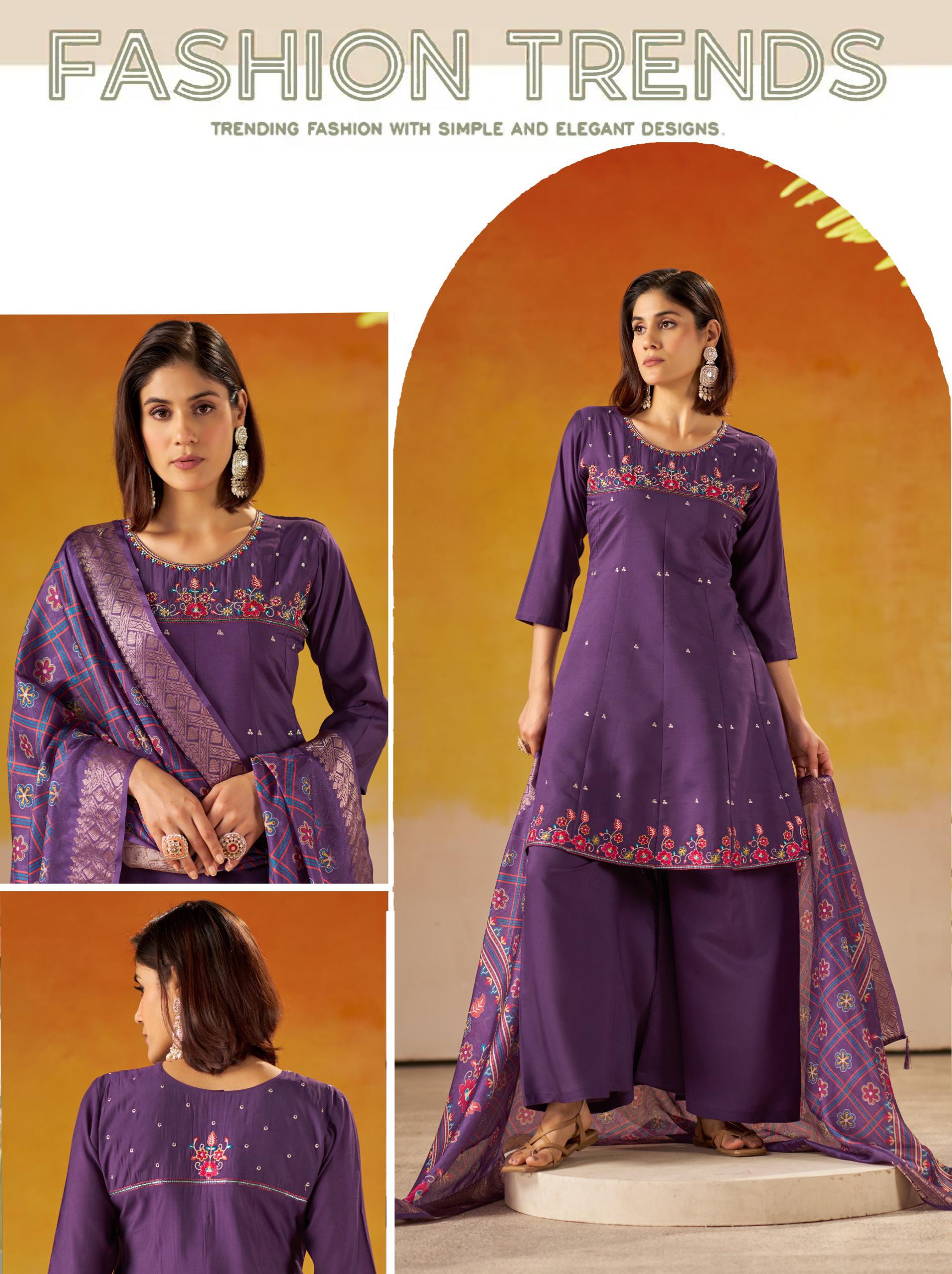 Two-Tone Roman Silk Readymade Suit for Women