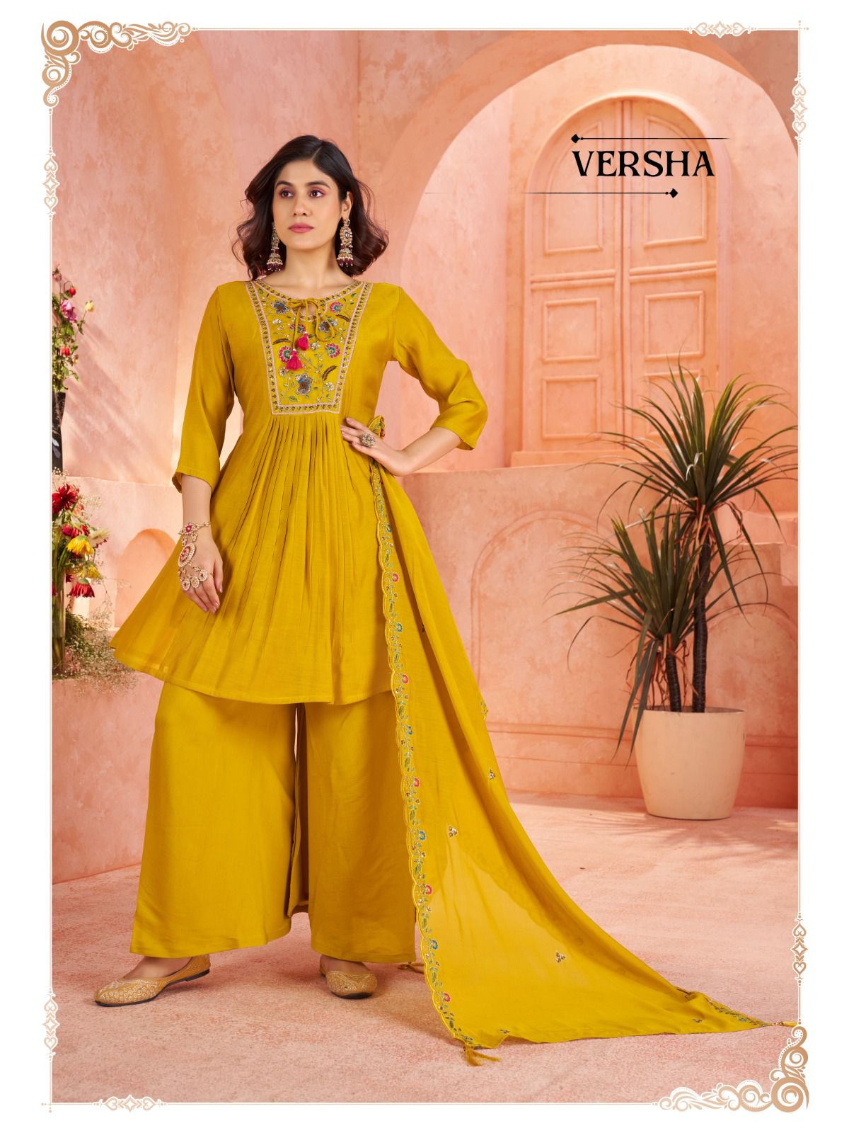 Pure Mull Chanderi Readymade Suit with Hand Embroidery