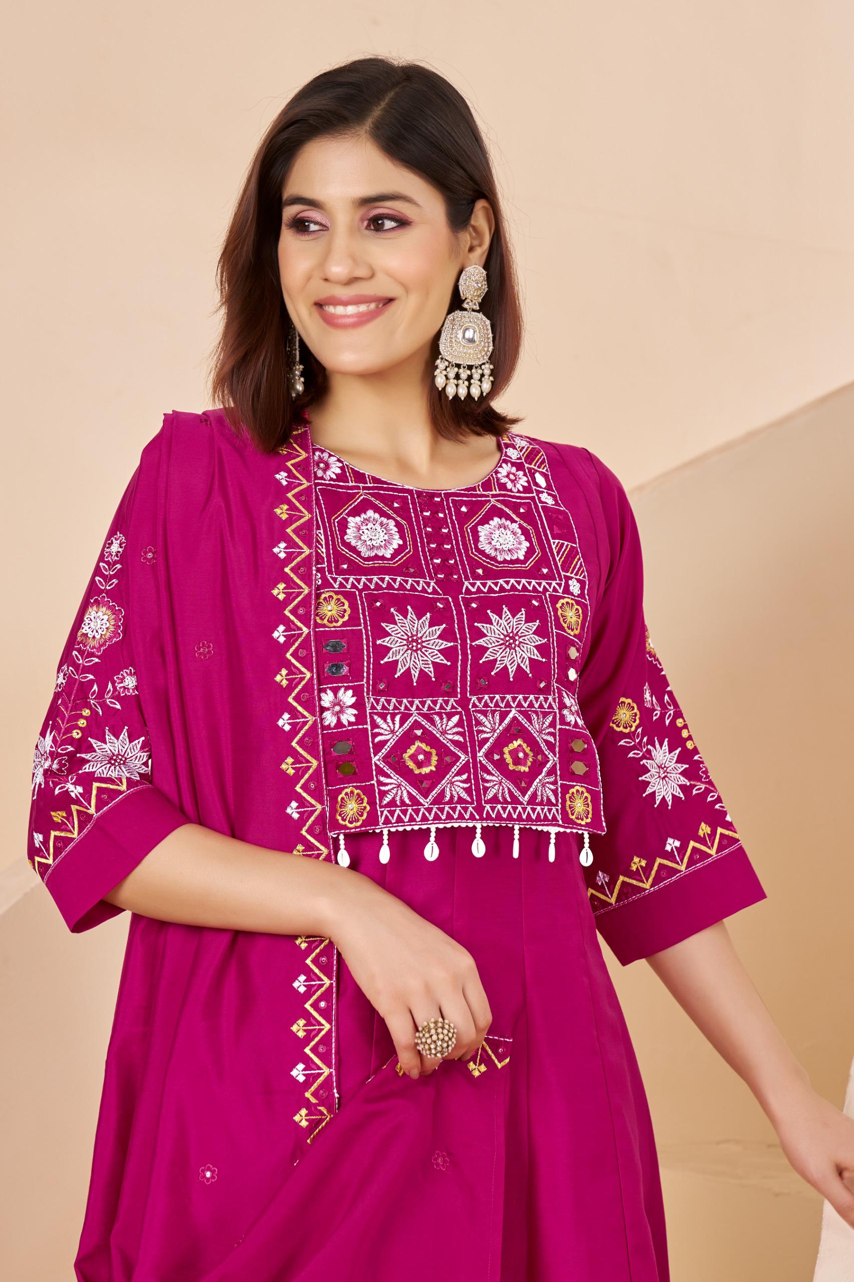 Heavy Roman Silk Ladies Readymade Suit with Mirror & Embroidered Work