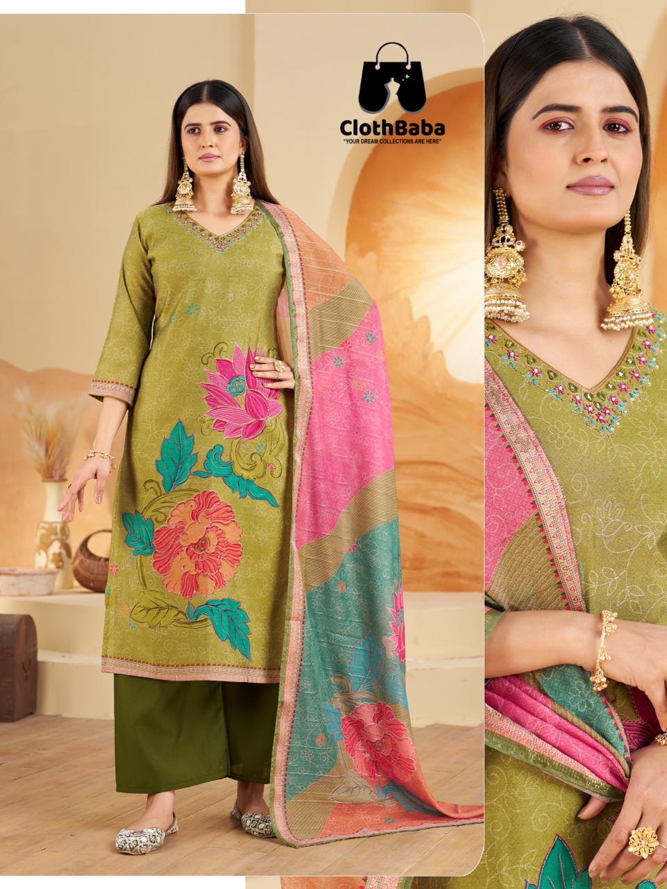Green Floral Pure Silk Ethnic Suit Set