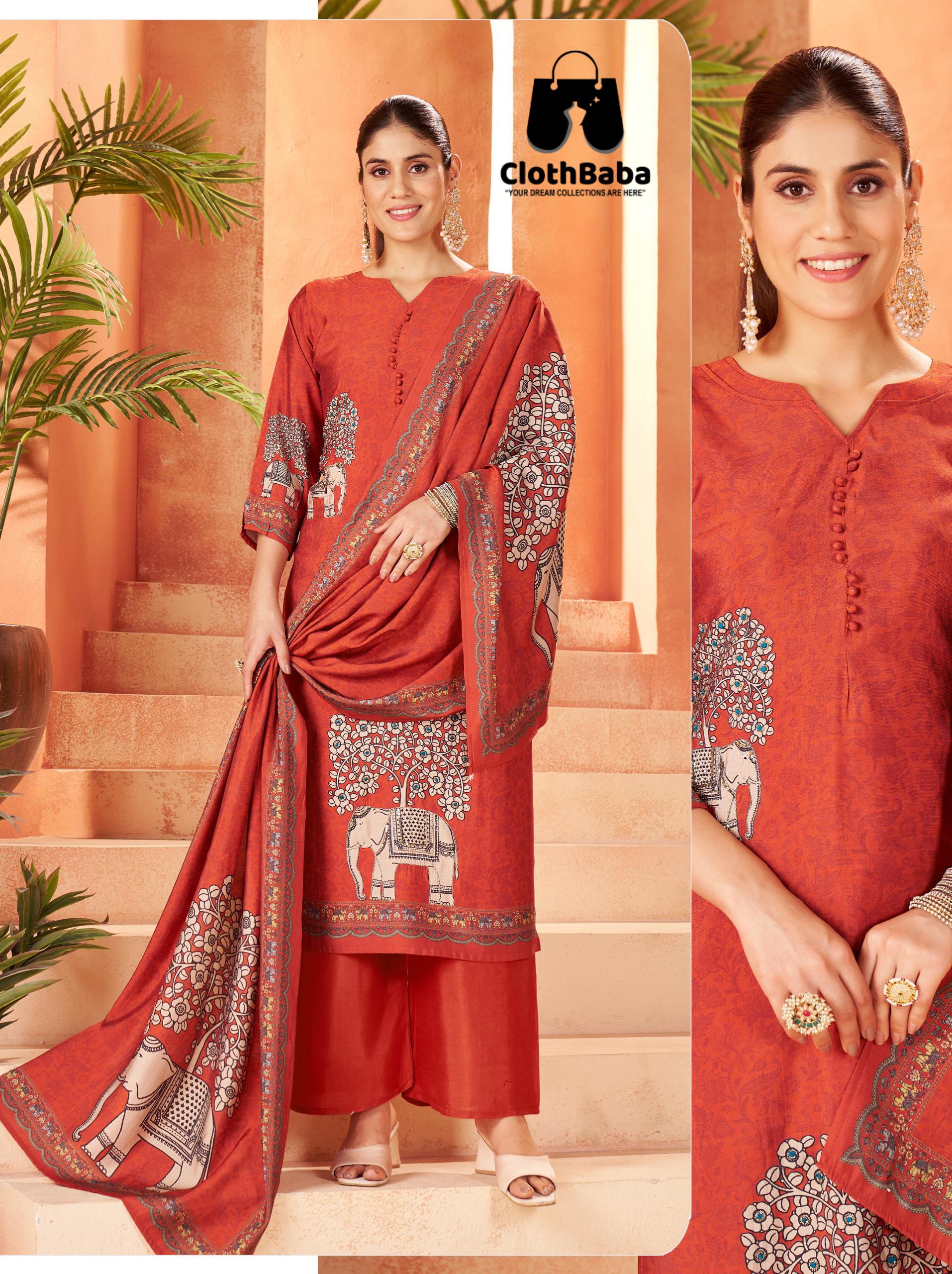 Clothbaba Natural Crepe Suit with Artistic Elephant Work