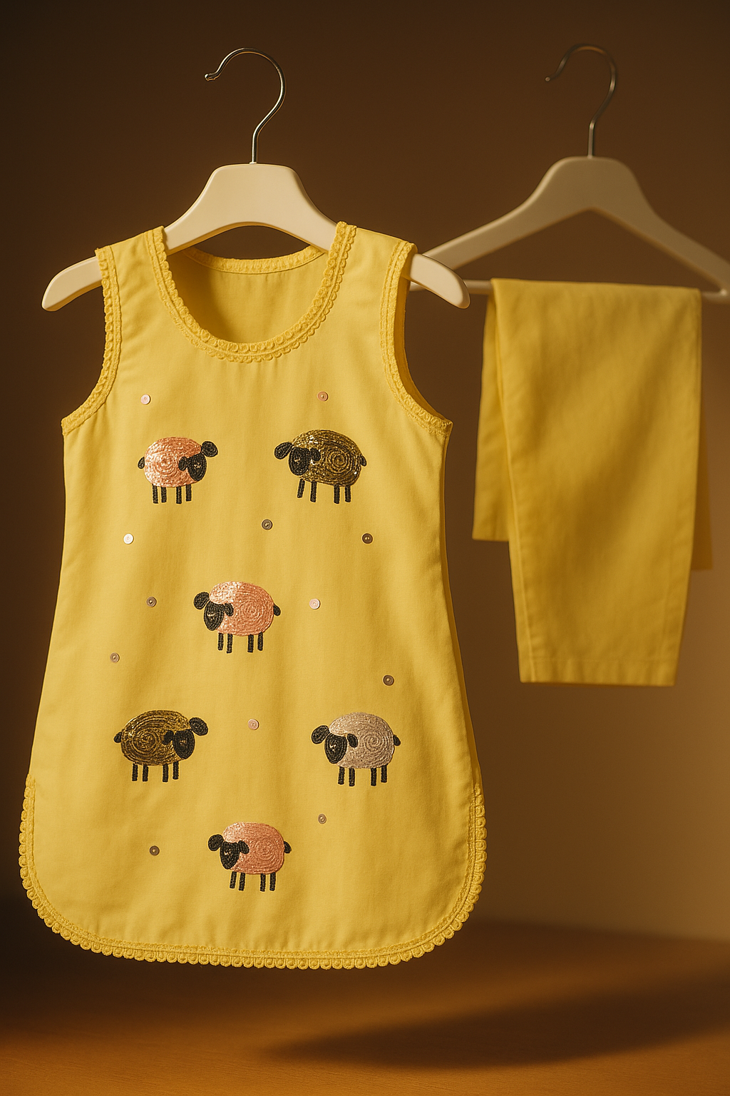 lala lamb , Yellow Kids' Dress with lambs, eid ul adha dress