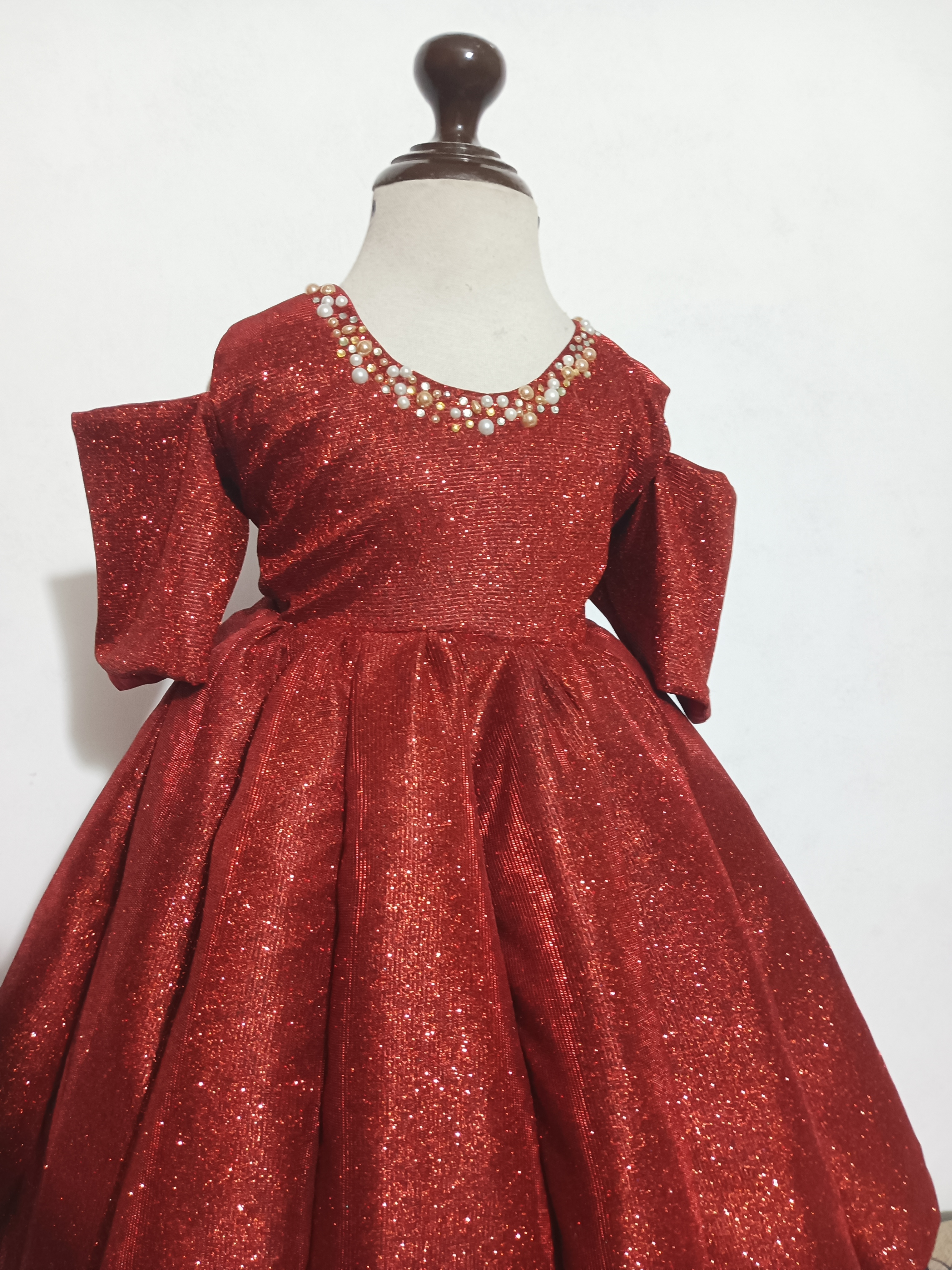 Celestial Fire, A shimmering moonlight ball gown with beaded neckline, slit sleeves, and a structured double circle skirt for a truly extravagant look.