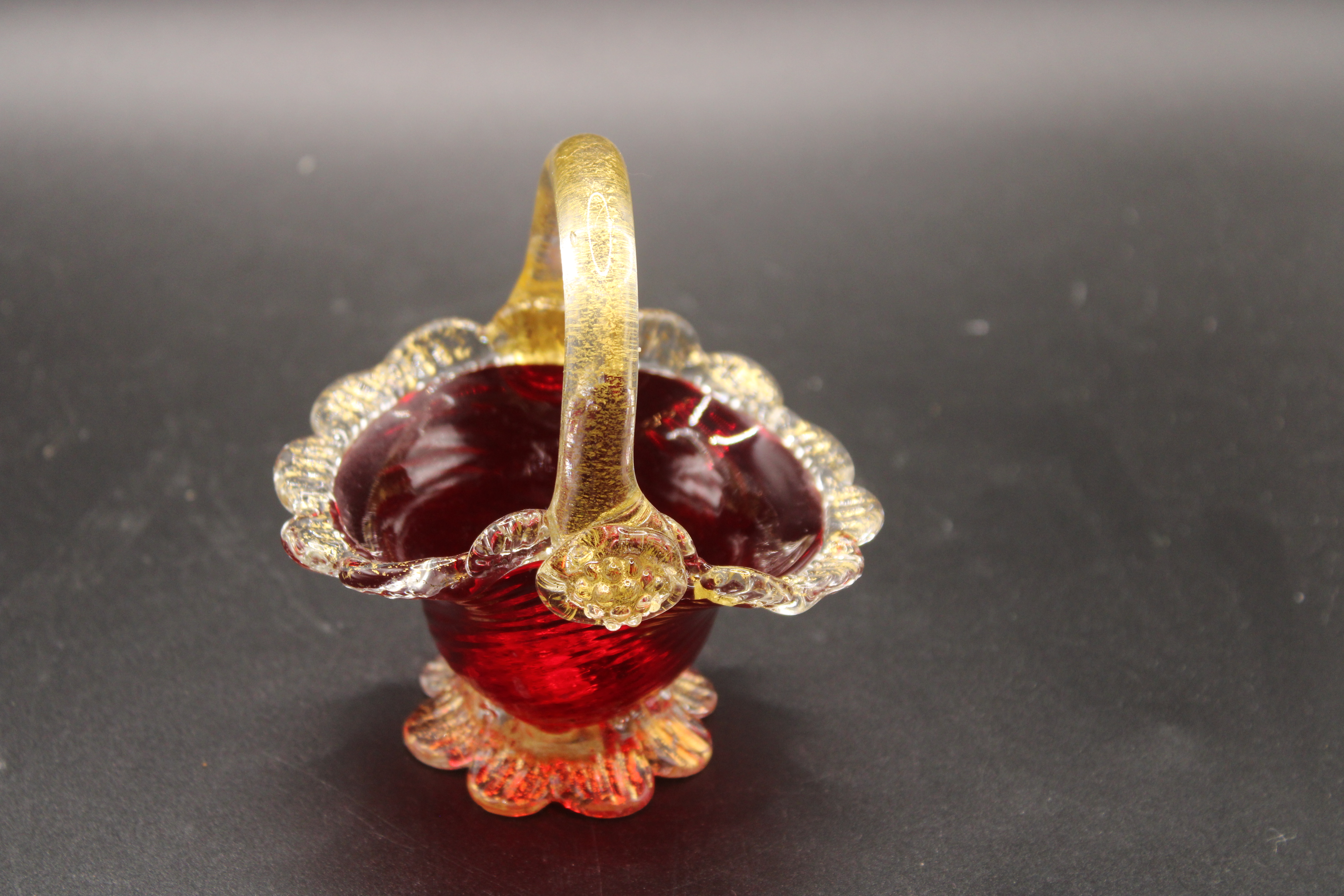 Vintage Murano Venetian Ruby Red & Gold Aventurine Art Glass Basket Vase Dish