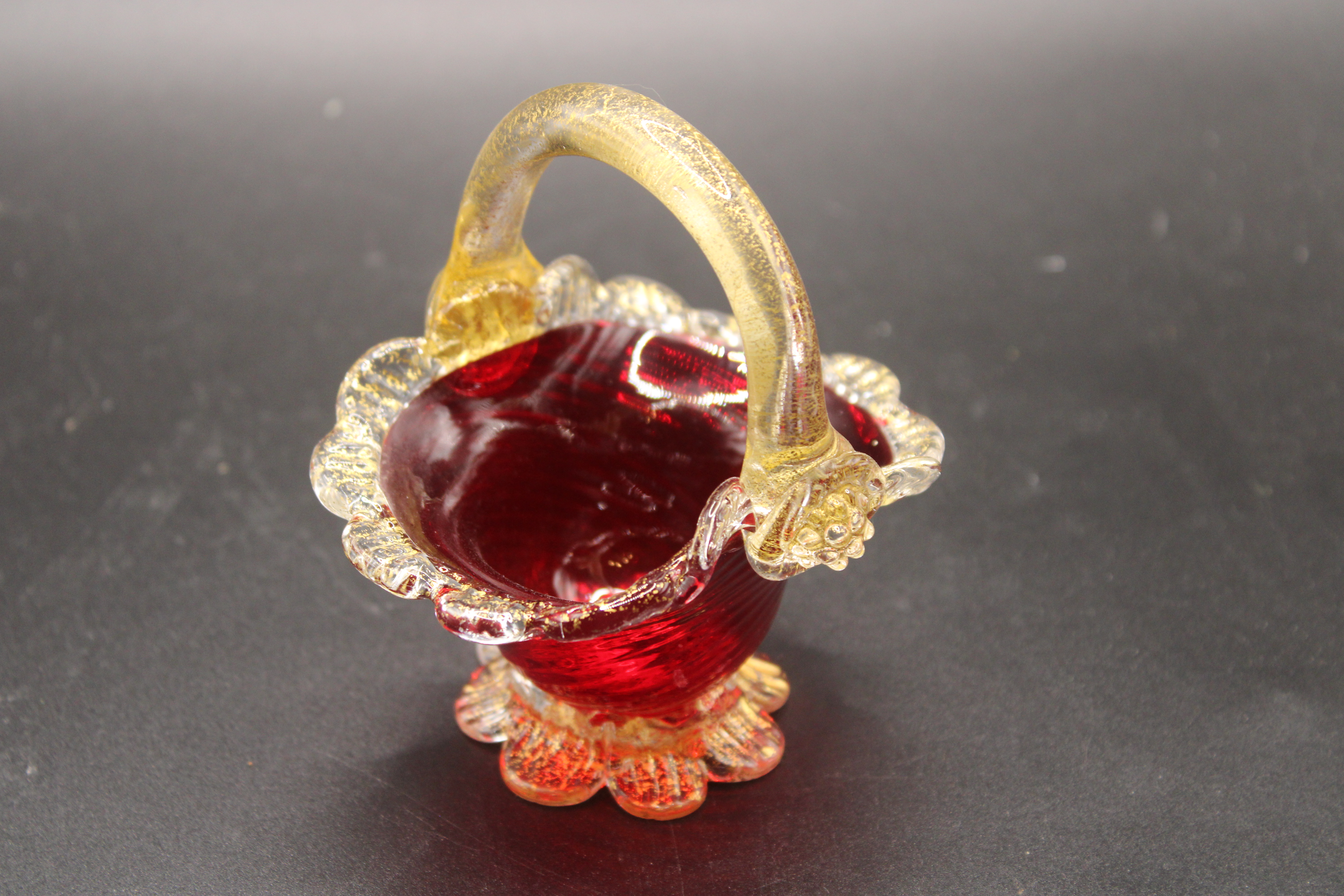 Vintage Murano Venetian Ruby Red & Gold Aventurine Art Glass Basket Vase Dish