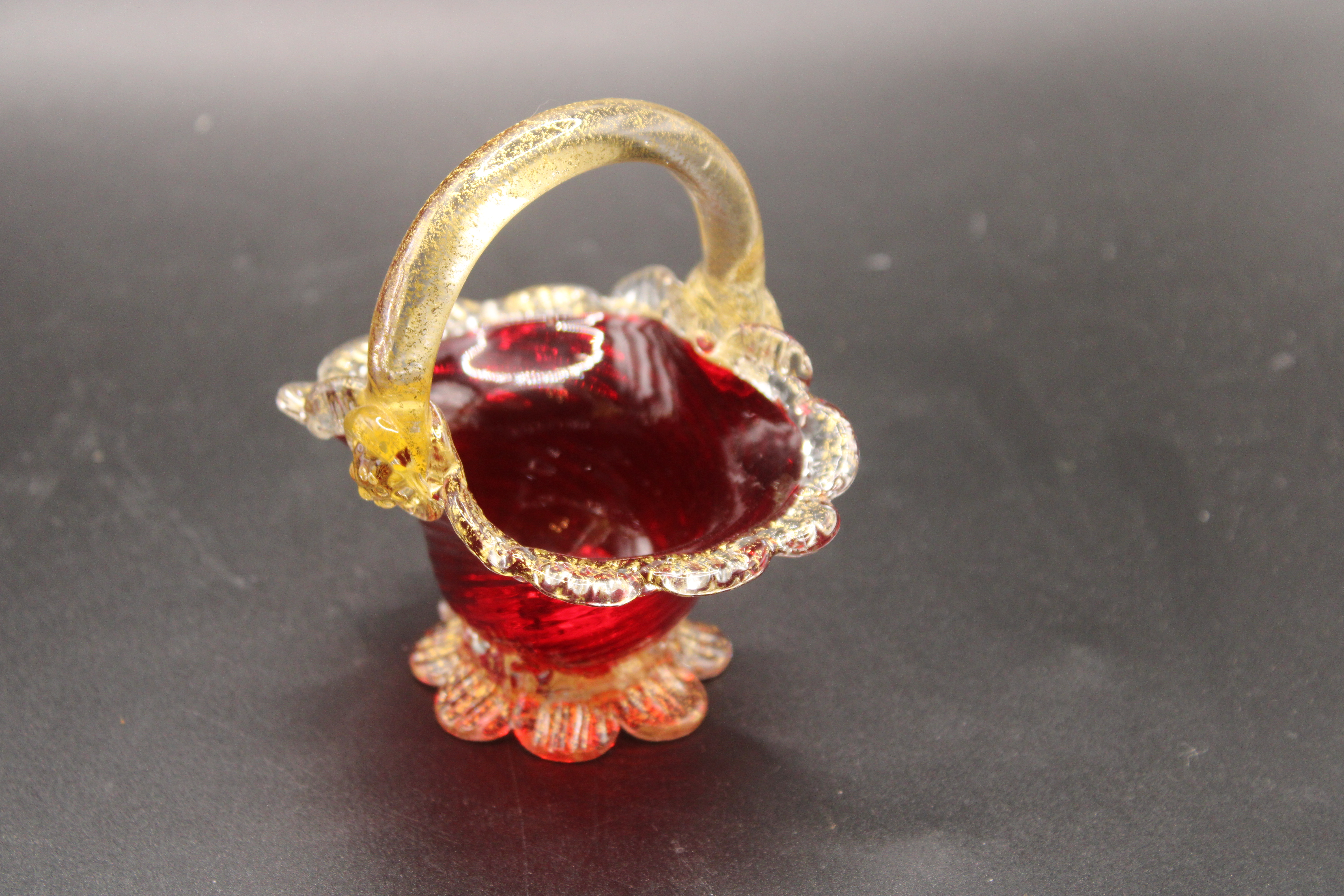 Vintage Murano Venetian Ruby Red & Gold Aventurine Art Glass Basket Vase Dish