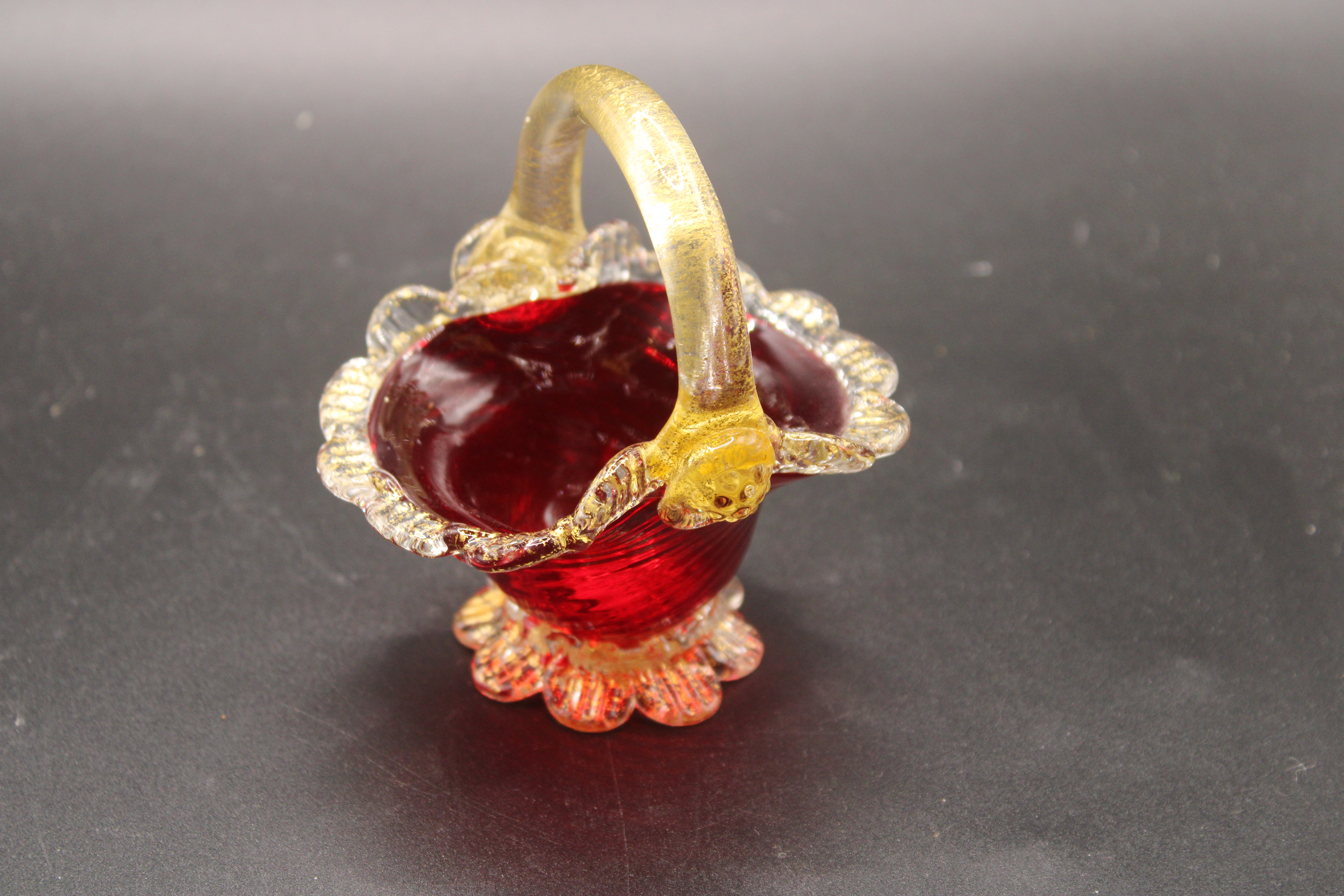 Vintage Murano Venetian Ruby Red & Gold Aventurine Art Glass Basket Vase Dish
