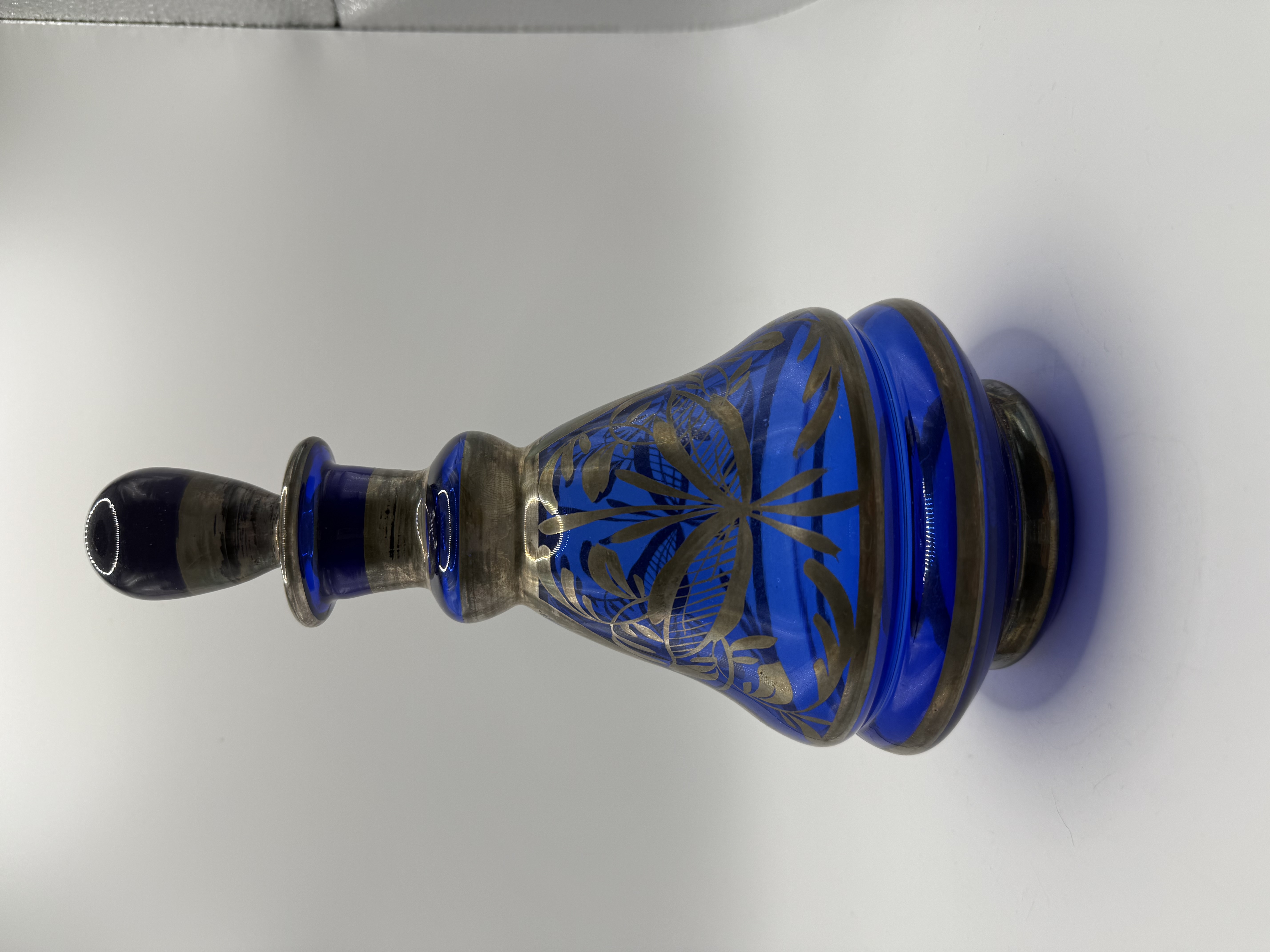 Vintage Cobalt Blue Carafe With Silver Overlay