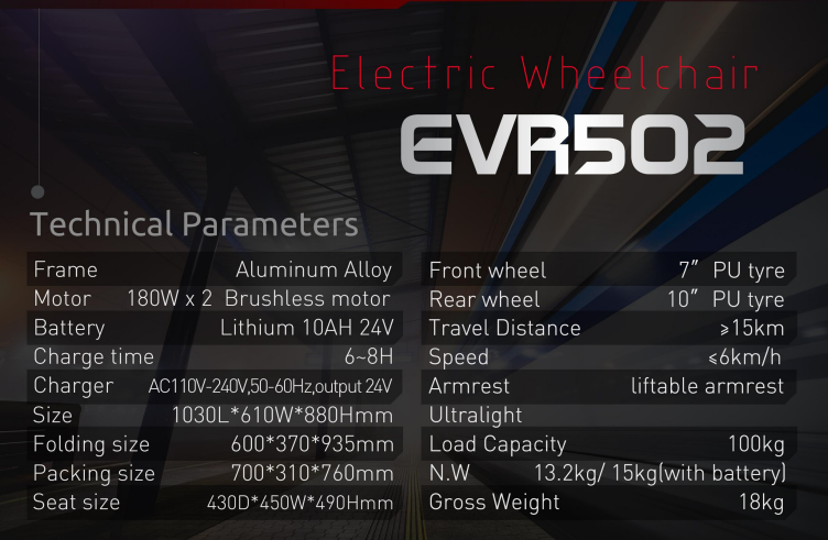 Yveelt EVR502 180W x 2 24V 10 Ah Aluminum Alloy Foldable Lightweight Electric Wheelchair with Brushless motor