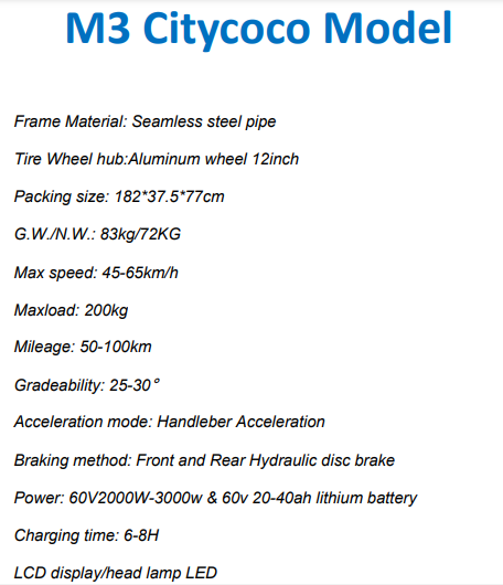 M3 Citycoco Model EEC & Coc 60v 2000w/3000w with 60v 30a /40ah Li-on battery