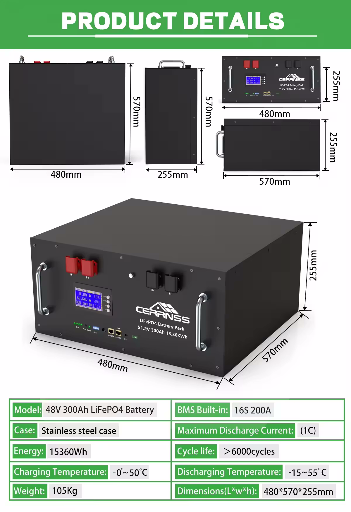CERRNSS 51.2V 300Ah LiFePO4 Battery Rack