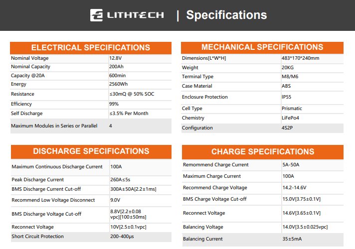 LithTech LiFePO4 battery 12,8V 200Ah BMS / Bluetooth / Heating