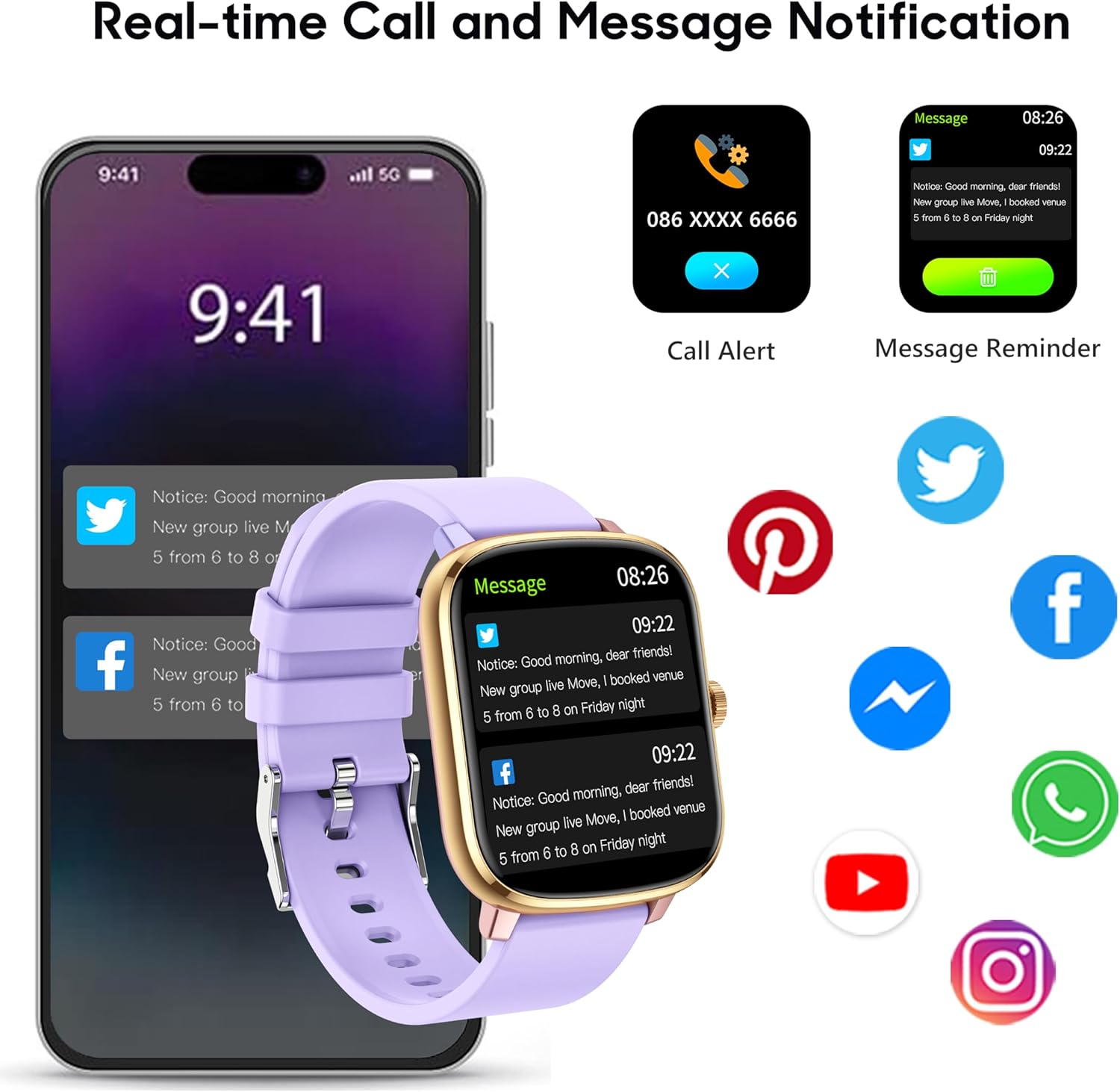 Popglory Smart Watch, 1.69'' Fitness Watch Women Men with Heart Rate, Blood Pressure, Blood Oxygen & Sleep Monitor, 110 Sports Modes Fitness Tracker, Waterproof Pedometer Compatible Android iPhone
