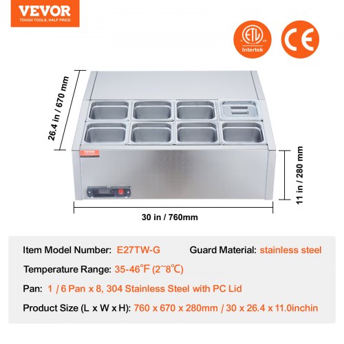 VEVOR Saladette Réfrigérée à Poser 145 W, Vitrine Réfrigérée pour Pizzeria, avec 8 , 1  , 6 Casseroles 