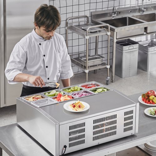 VEVOR Saladette Réfrigérée à Poser 145 W, Vitrine Réfrigérée pour Pizzeria, avec 8 , 1  , 6 Casseroles 