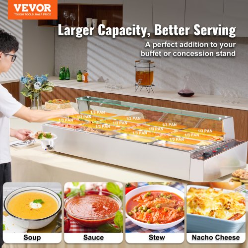 VEVOR Chauffe-Plat Buffet Bain-Marie Électrique 9 Bacs de 4,7 L Écran en Verre