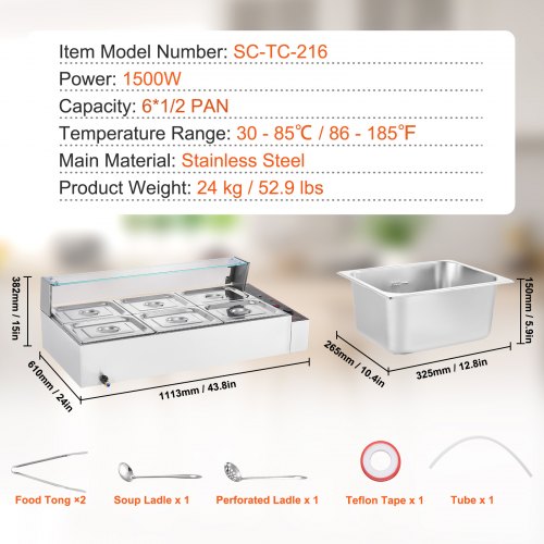 VEVOR Chauffe-Plat Buffet Bain-Marie Électrique 6 Bacs de 7,6 L Écran en Verre