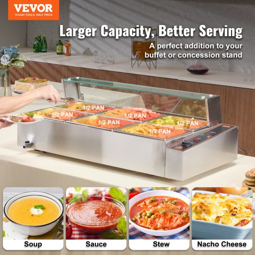 VEVOR Chauffe-Plat Buffet Bain-Marie Électrique 6 Bacs de 7,6 L Écran en Verre
