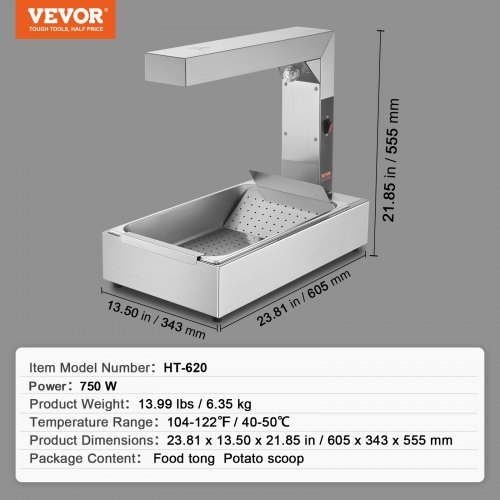 VEVOR Chauffe-Frites Commercial 750 W 605x343 mm Lampe Chauffe-Plat en Inox Température 40-50 ℃ 