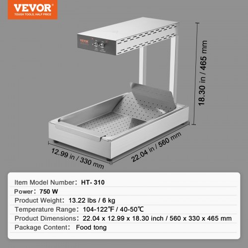 VEVOR Chauffe-Frites Commercial 750 W Lampe Chauffe-Plat en Acier Inoxydable Température 40-50 ℃ 