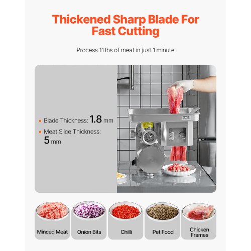 VEVOR Hachoir à Viande Trancheuse Électrique 5kg/min Poussoir à Saucisse Cuisine