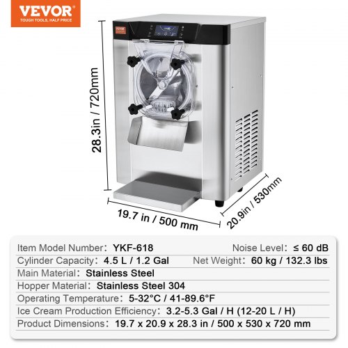 VEVOR Sorbetière Commerciale Rendement 12 L/h, Turbine à Glace 1295 W 