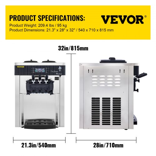 VEVOR Machine à Crème de Table Sorbetière à Glace 20-28 L/h 3 Saveurs 2200 W