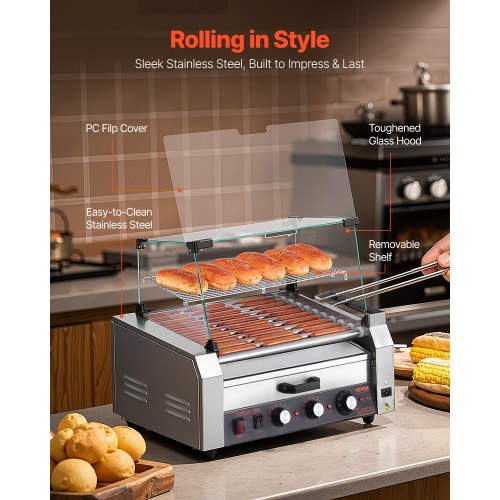 VEVOR Machine à hot-dogs à 11 rouleaux 30 hot-dogs avec chauffe-petits pains