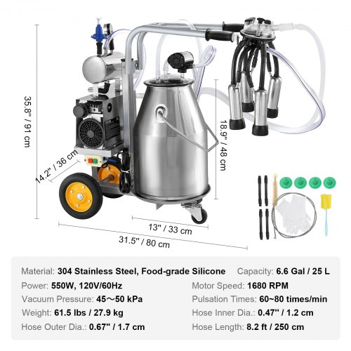 VEVOR Machine à traire électrique pour vaches, seau inox 304 25 L