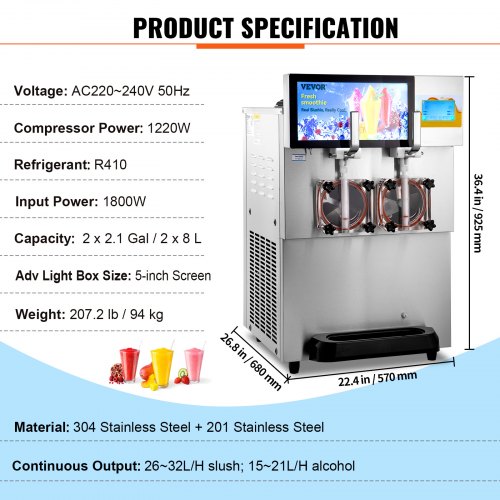 VEVOR Machine à Granités Commerciale 2x8L 
