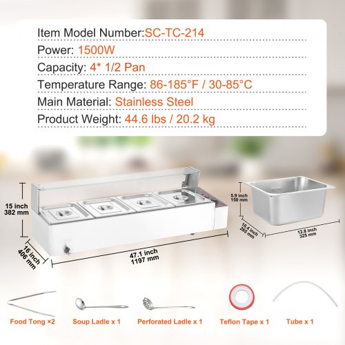 VEVOR Chauffe-Plat Buffet Bain-Marie Électrique 4 Bacs de 7,6 L Écran en Verre