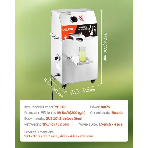 VEVOR Extracteur de Jus de Canne à Sucre Électrique 800 W Presse-Canne à Sucre 300 kg par heure 