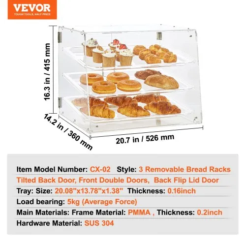 VEVOR Présentoir à Pâtisserie à 3 Niveaux Vitrine de Boulangerie Transparente