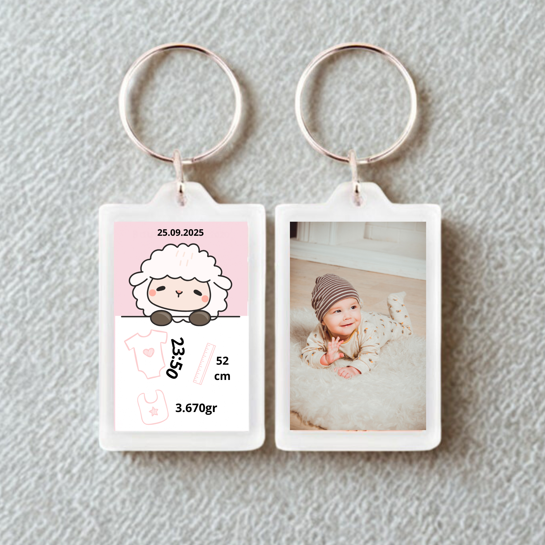 Llavero acrílico personalizado con foto y datos de nacimiento