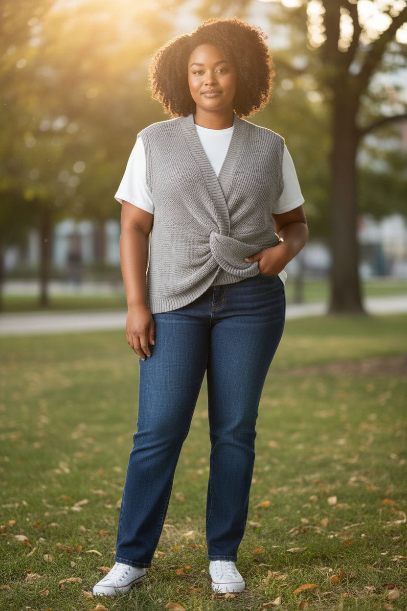 Colete em malha com nó frontal