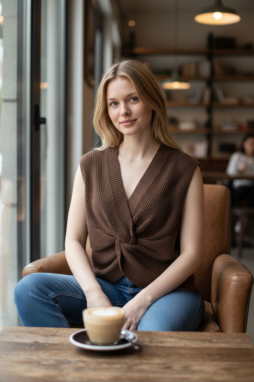 Colete em malha com nó frontal