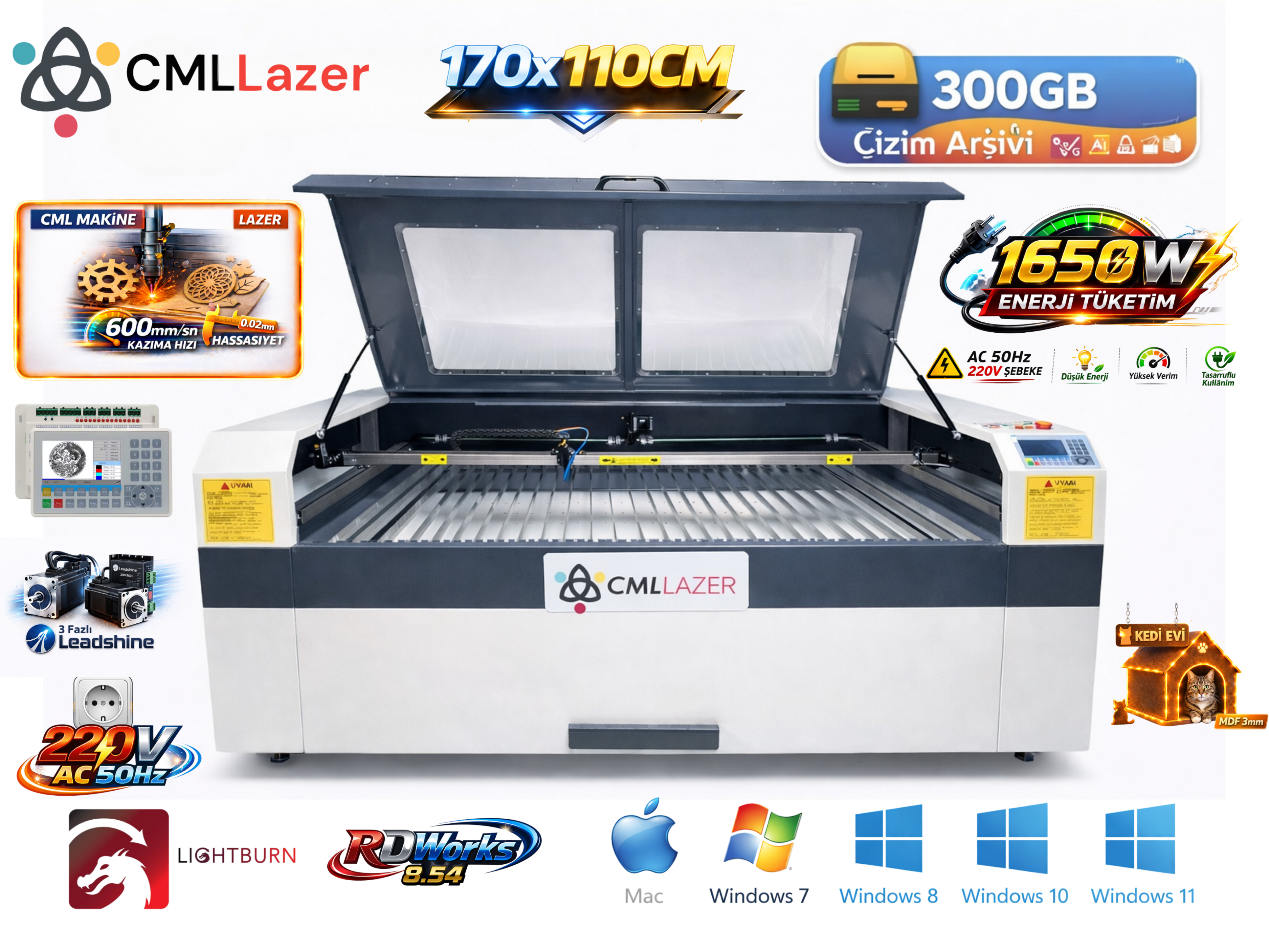 170x110cm 150W CO₂ Lazer Kesim Makinesi | Ruida 6442 Panel | 750W Saylangoz Fan | 550W Kompresör | CW5200 Chiller