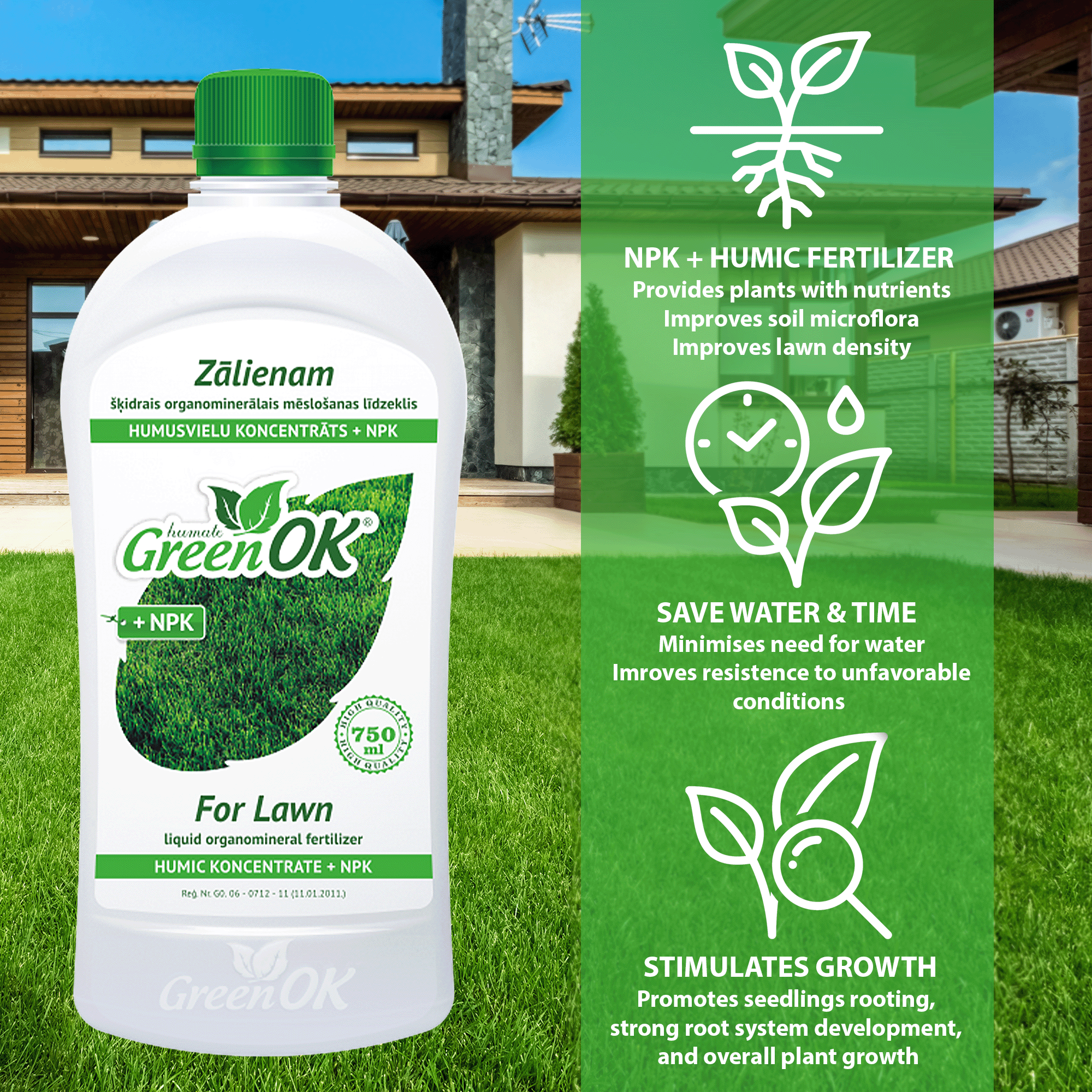 Skystos trąšos vejoms, NPK 2.0-3.5–3.5, 750ml, GreenOK