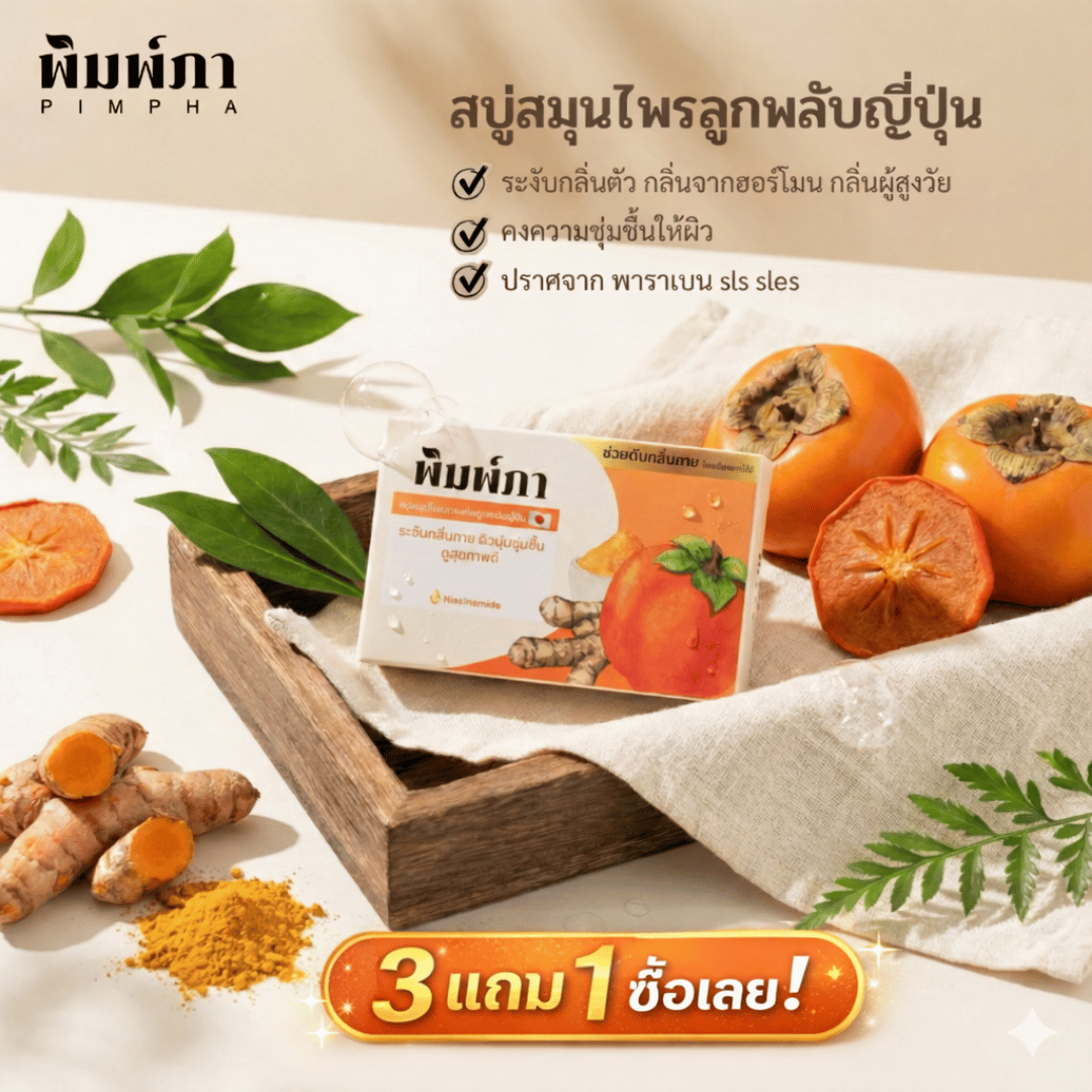 พิมพ์ภา สบู่สมุนไพร ลูกพลับญี่ปุ่น ระงับกลิ่นกาย คงความชุ่มชื้น บำรุงผิวแลดูขาว กระจ่างใส