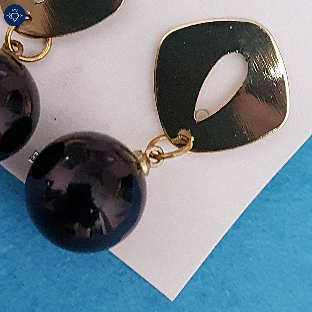 Golden Drop Earrings with Black Beads