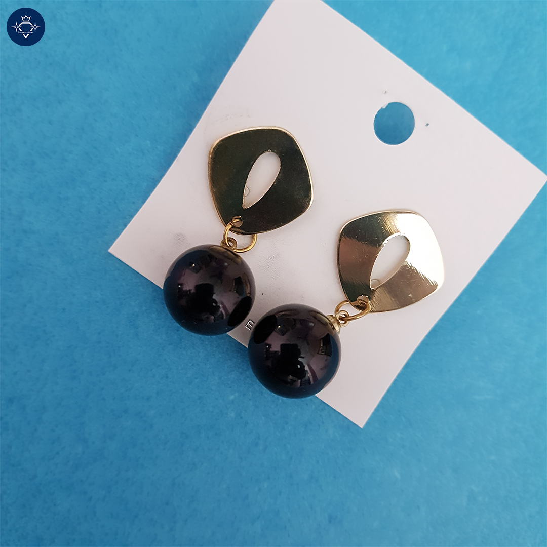 Golden Drop Earrings with Black Beads