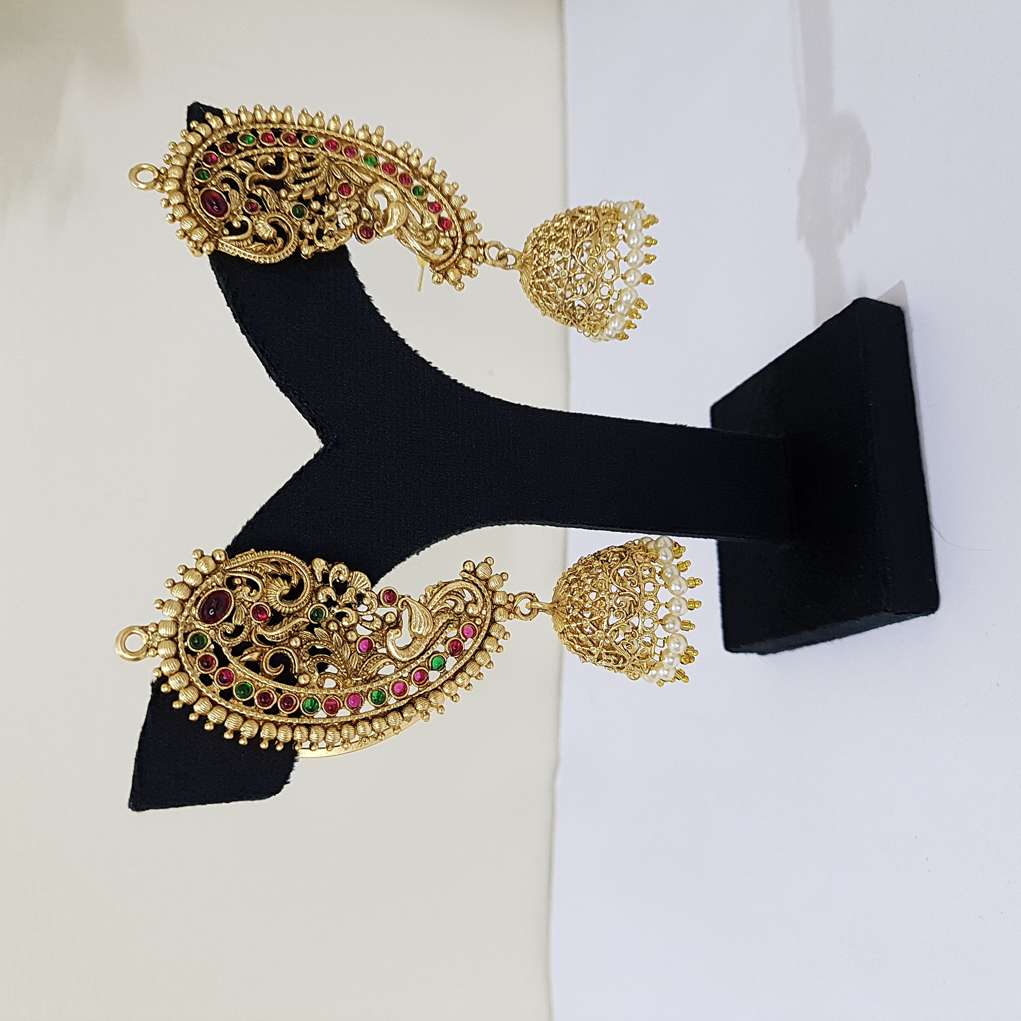 Devika Kaanphool Jhumkas – Temple Statement Earrings with Ruby & Green Accents | Devi Dhaara Collection