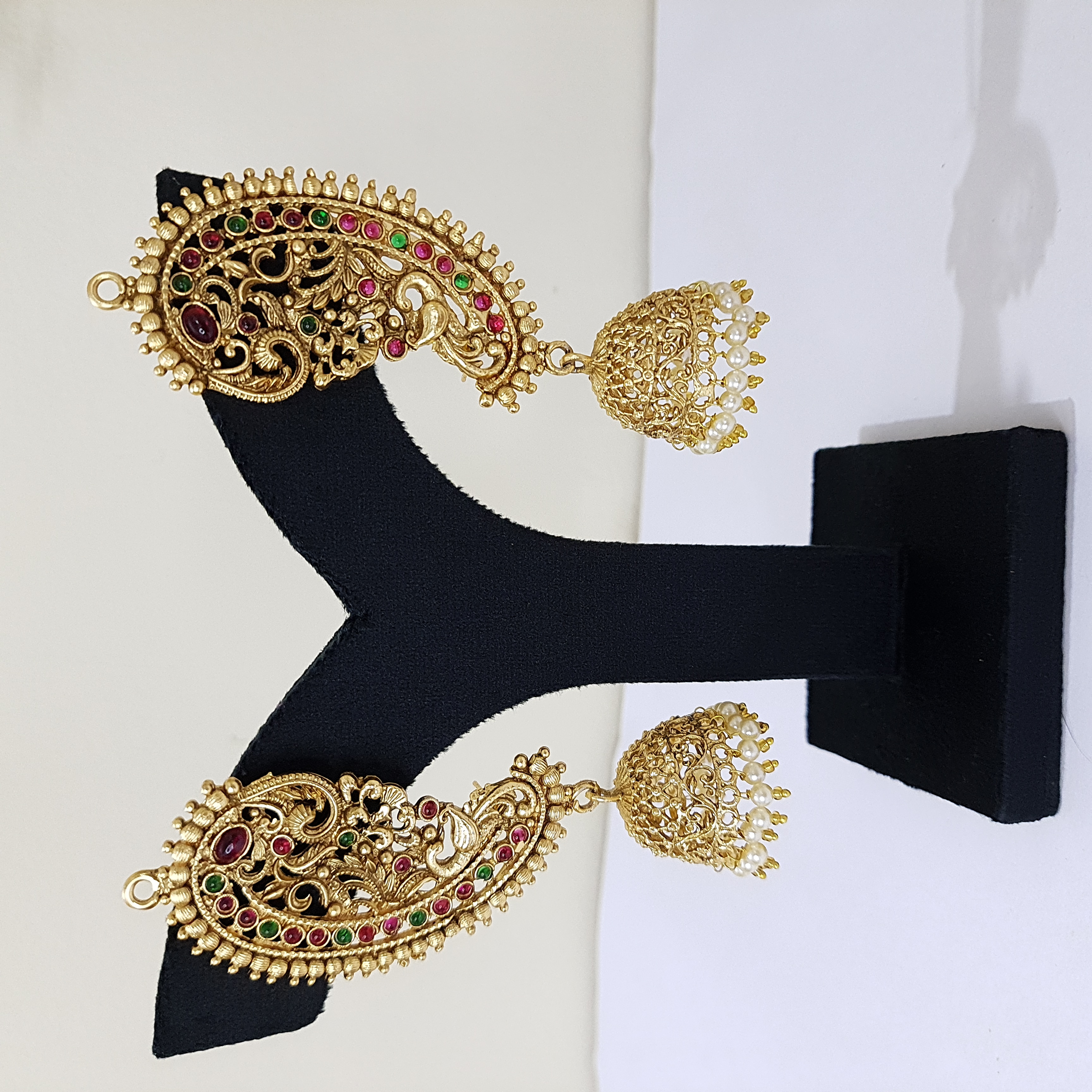 Devika Kaanphool Jhumkas – Temple Statement Earrings with Ruby & Green Accents | Devi Dhaara Collection