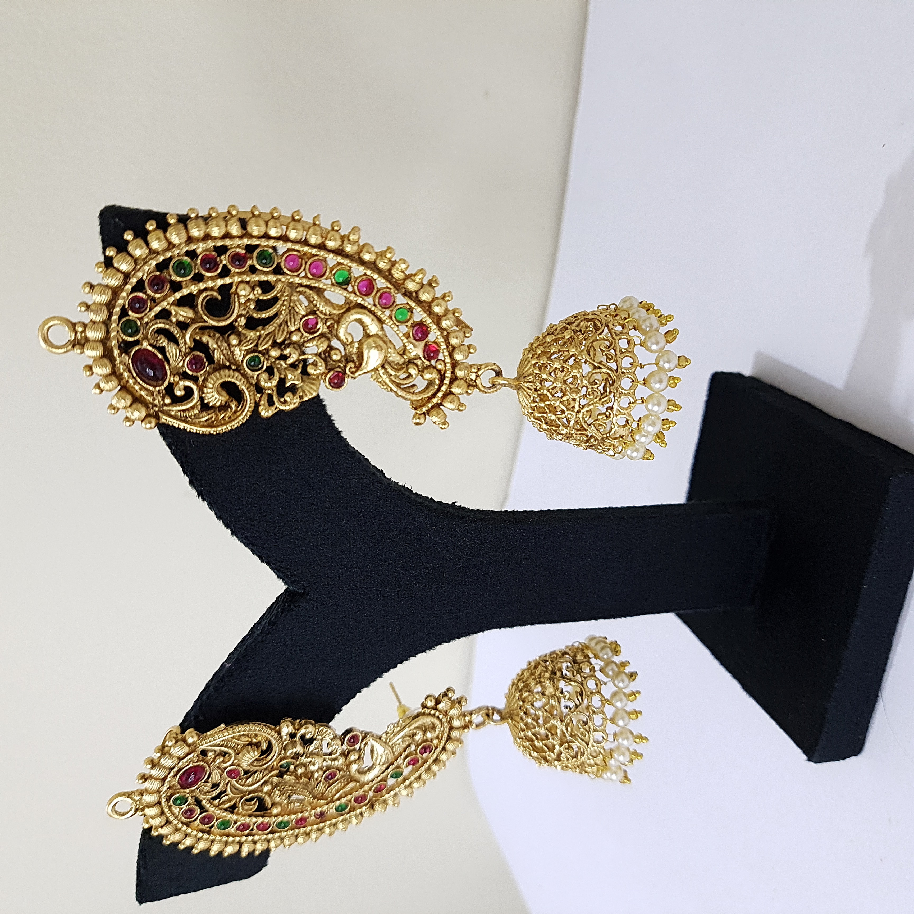 Devika Kaanphool Jhumkas – Temple Statement Earrings with Ruby & Green Accents | Devi Dhaara Collection