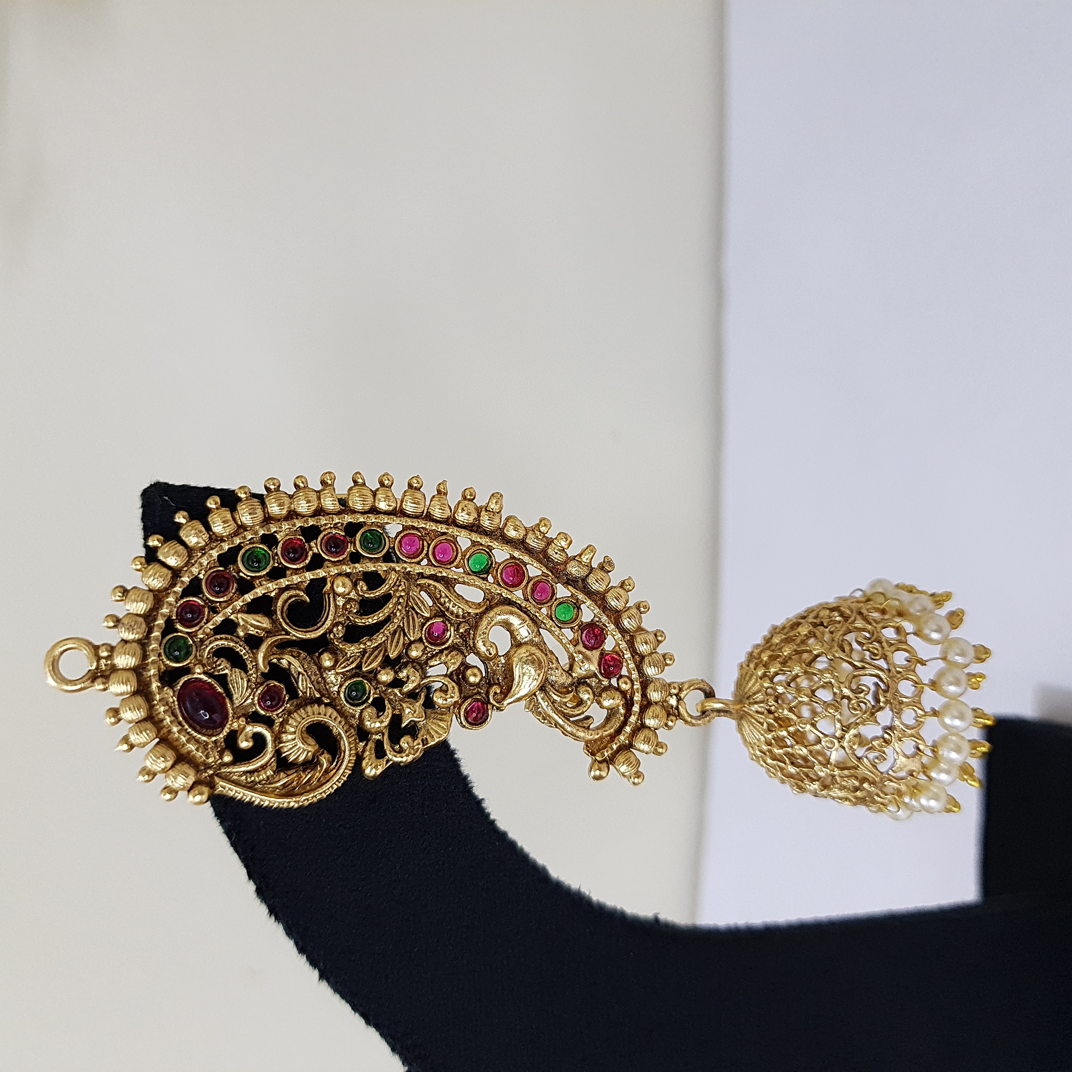Devika Kaanphool Jhumkas – Temple Statement Earrings with Ruby & Green Accents | Devi Dhaara Collection