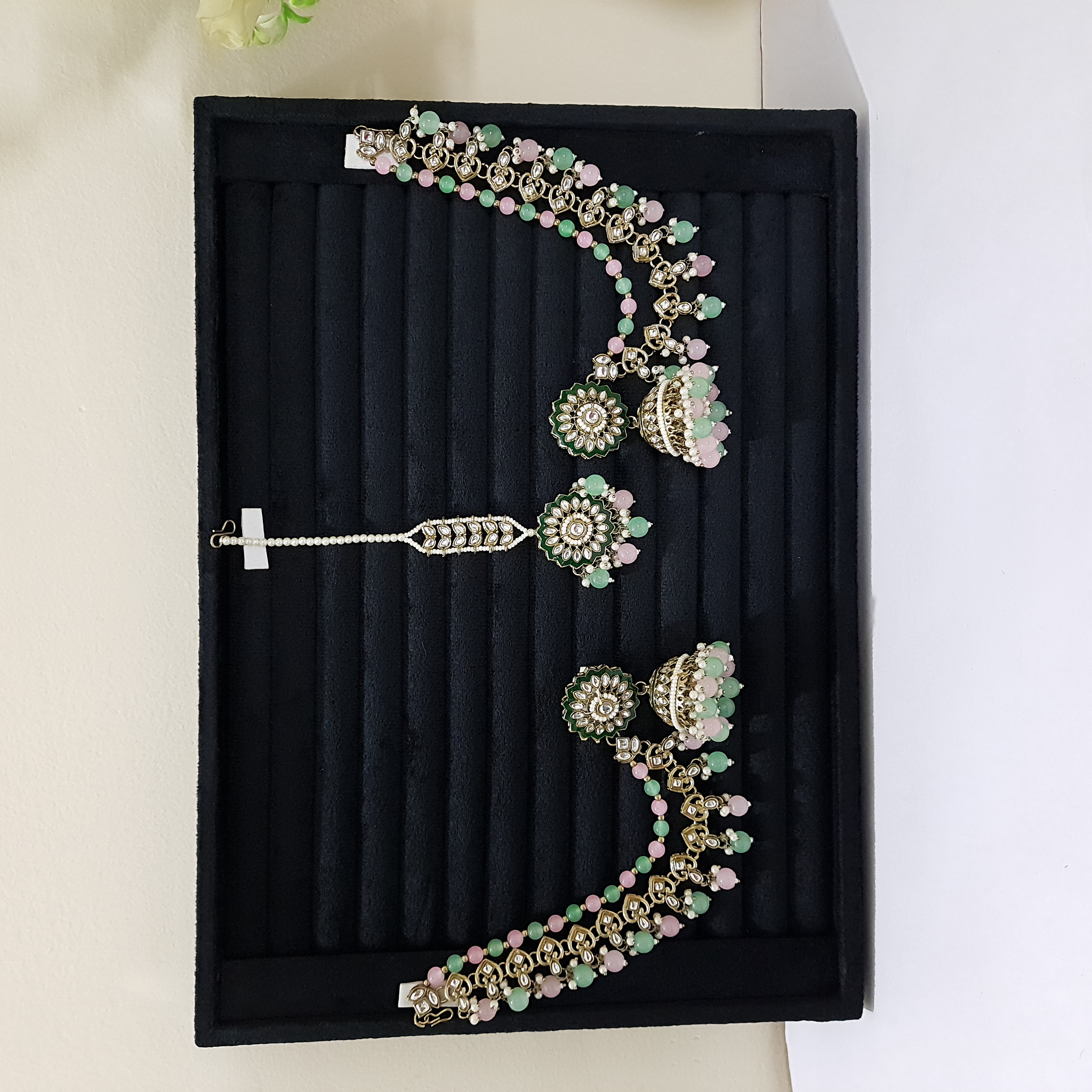 Sundari Saaz – Mint-Pink Jhumka + Maangtikka Set | Devasena Edit Collection